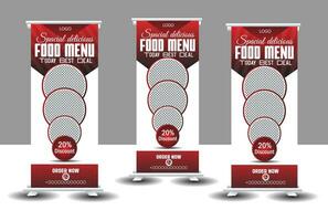 Food roll-up banner design with three image white background vector