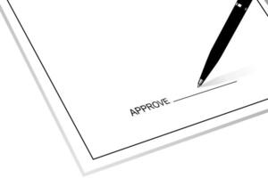 vector illustration of a blank paper with a pen and the word approved. copy space for add text. black and white line art for business.