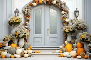 frente puerta con otoño decoración, calabazas y otoñal decoraciones foto