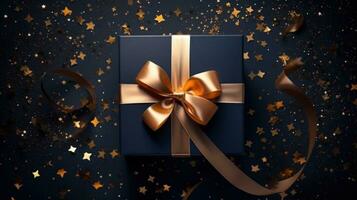 Present box wrapped in a gold ribbon with stars floating around a blue background photo