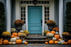 frente puerta con otoño decoración, calabazas y otoñal decoraciones foto