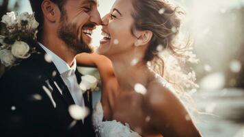 Brides and grooms smiling, with water drops thrown photo