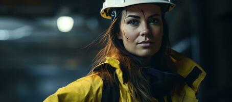 A woman wearing hard hat and protective jacket stands in the electric wires of a power station working photo