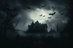 A dark image of a haunted house with flying bats photo