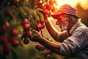 A man bring apples on an apple tree at sunrise photo