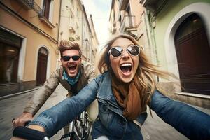 Couple on bike together riding in a city photo