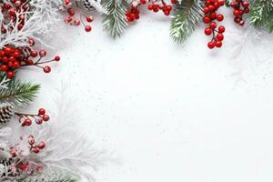 Christmas pine branch background with berries and icing photo