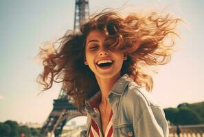 Beautiful young woman enjoying time in front of eiffel tower photo