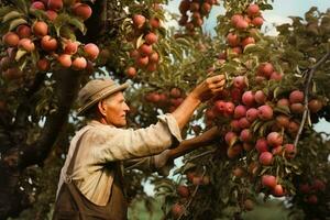 un hombre traer manzanas en un manzana árbol a amanecer foto