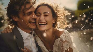 Brides and grooms smiling, with water drops thrown photo