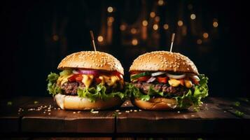 dos hamburguesas en oscuro antecedentes foto