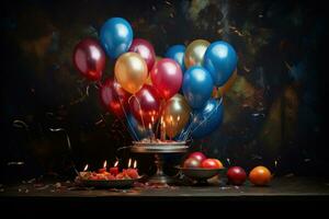 Colorful balloons with sparkles on a tabletop photo