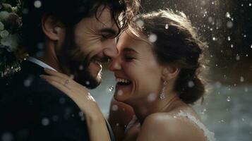 Brides and grooms smiling, with water drops thrown photo