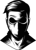 Masked man head vector illustration, Man wearing a mask, scary , thief or robber, assassin  wearing a mask , face covered black and white stock vector image