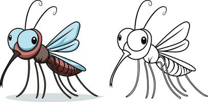 dibujos animados mosquito mascota vector ilustración , dibujos animados insecto mosquito de colores y negro y blanco línea Arte valores vector imagen