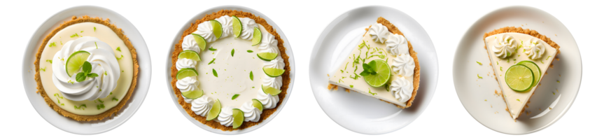 Schlüssel Limette Kuchen auf Weiß Platte, oben Aussicht mit transparent Hintergrund, generativ ai Technologie png