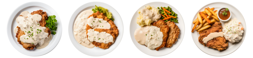 chicken fried steak on white plate, top view with transparent background, Generative AI Technology png