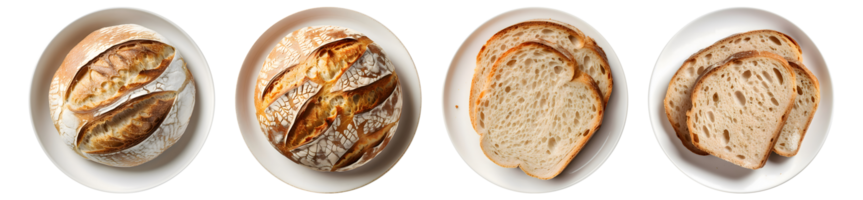 Sauerteig Brot auf Weiß Platte, oben Aussicht mit transparent Hintergrund, generativ ai Technologie png