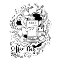 Coffee day campaign template with doodle art of coffee in black and white design vector