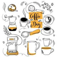 internacional café día con mano dibujado de café en Clásico fondo de pantalla diseño vector