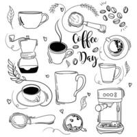 Coffee day template design with hand drawn of mug and coffee maker design vector