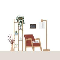 alto de madera estar lleno de plantas de interior con reloj. intimidad zona decorado con foto y piso lámpara. acogedor Sillón con abierto libro encima. confortable vivo habitación interior mano dibujado plano vector ilustración