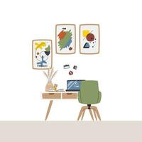 Modern workplace decorated with abstract posters art and notes on wall. Working desk with laptop and desk lamp. Cozy home office interior scene. Hand drawn flat vector illustration with negative space