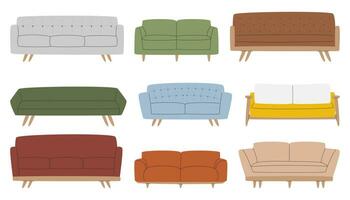 Trendy sofa collection isolated on white. Living room different cushions in mid-century style. Various retro armchairs of 50s. Cozy divans of 60s. Modern couch set hand drawn flat vector illustration