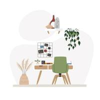 Work space with mid-century style desk and ergonomic chair. Home office for remote study or job. Room decorated with organizer grid and plants. Home decor. Interior hand drawn flat vector illustration