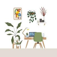 Modern home office interior. Residential scene front view with desk and many plants. Mid-century work zone decorated with houseplant and home decor. Comfy workspace hand drawn flat vector illustration