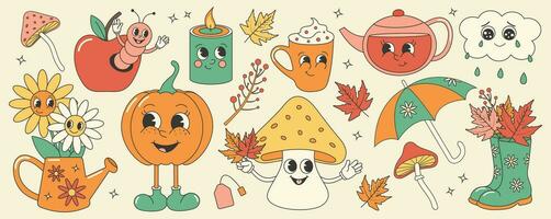 maravilloso retro otoño pegatina colocar. de moda retro dibujos animados estilo. vector