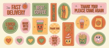 Retro groovy cartoon fast food sticker set. Labels, tags and slogans for restaraunt, cafe and delivery. vector