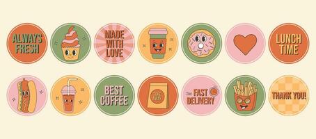 Retro groovy cartoon fast food sticker set. Labels and slogans for restaraunt, cafe and delivery. vector