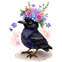 aquarelle bébé corbeau avec fleur couronne png conception, génératif ai