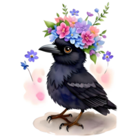 Watercolor Baby Crow With Flower Crown PNG Design, Generative AI