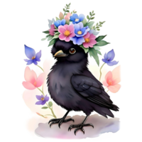 aquarelle bébé corbeau avec fleur couronne png conception, génératif ai