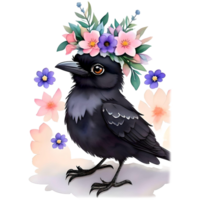 Watercolor Baby Crow With Flower Crown PNG Design, Generative AI