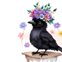 aquarelle bébé corbeau avec fleur couronne png conception, génératif ai