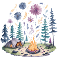 waterverf camping landschap PNG ontwerp, generatief ai