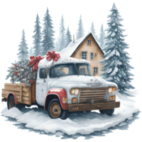 vattenfärg jul lastbil och snögubbe png design, generativ ai