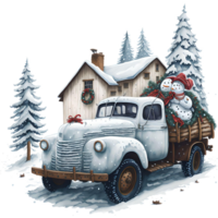waterverf Kerstmis vrachtauto en sneeuwman PNG ontwerp, generatief ai