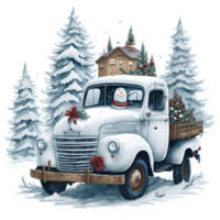 waterverf Kerstmis vrachtauto en sneeuwman PNG ontwerp, generatief ai