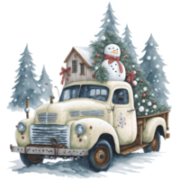 Watercolor Christmas Truck And Snowman PNG Design, Generative AI