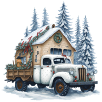 Watercolor Christmas Truck And Snowman PNG Design, Generative AI