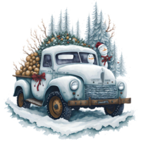 waterverf Kerstmis vrachtauto en sneeuwman PNG ontwerp, generatief ai