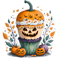Watercolor Cupcake and Halloween Pumpkin PNG Design, generative ai