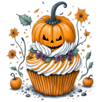 Watercolor Cupcake and Halloween Pumpkin PNG Design, generative ai