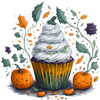 Watercolor Cupcake and Halloween Pumpkin PNG Design, generative ai