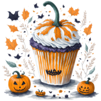 Watercolor Cupcake and Halloween Pumpkin PNG Design, generative ai