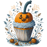 Watercolor Cupcake and Halloween Pumpkin PNG Design, generative ai